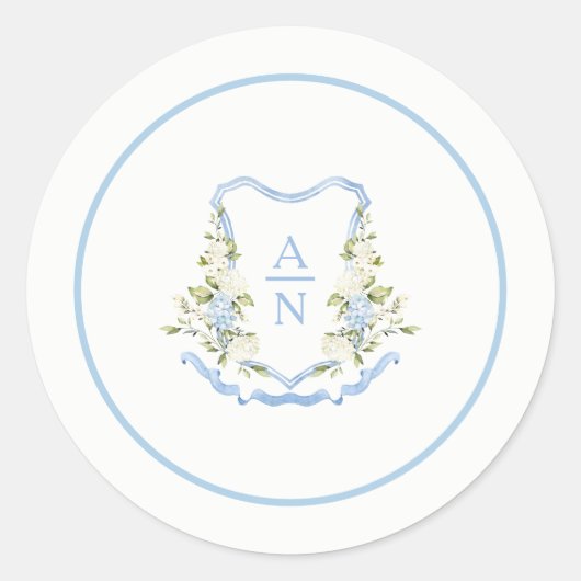 Blue Hydrangea Crest Monogram Stickers Simple (Voorkant)