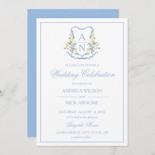 Blue Hydrangea Crest Monogram Wedding Invitation (Devant / Derrière)
