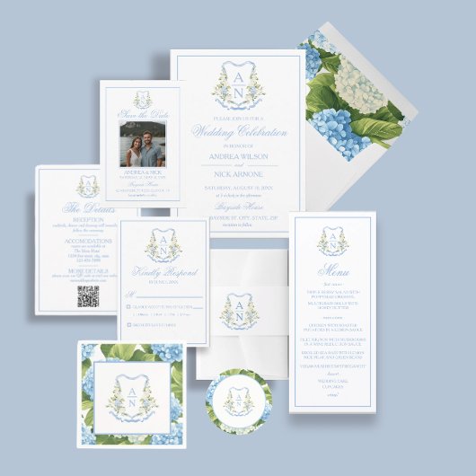 Blue Hydrangea Crest Monogram Wedding Invitation