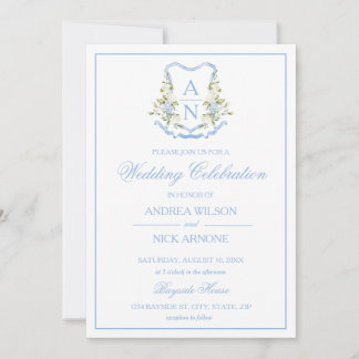 Blue Hydrangea Crest Monogram Wedding Invitation Kaart
