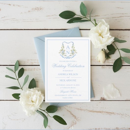 Blue Hydrangea Crest Monogram Wedding Invitation Kaart