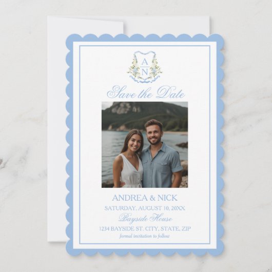 Blue Hydrangea Crest Monogram Wedding Invitation Save The Date (Voorkant)