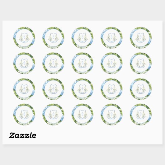 Blue Hydrangea Crest Monogram Wedding Stickers (Vel)