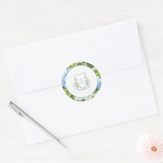 Blue Hydrangea Crest Monogram Wedding Stickers (Envelop)