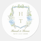 Blue Hydrangea Crest Wedding Monogram Ronde Sticker (Voorkant)