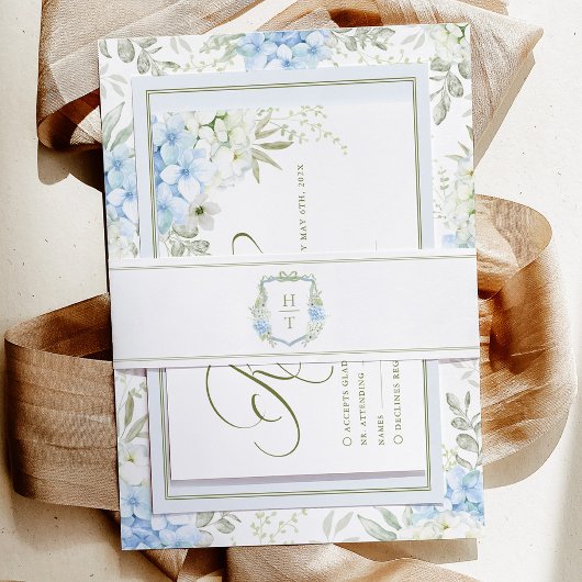 Blue Hydrangea Crest Wedding Monogram Uitnodigingen Wikkel