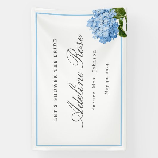 Blue Hydrangea Douche de bruid Naam en datum Spandoek (Verticaal)