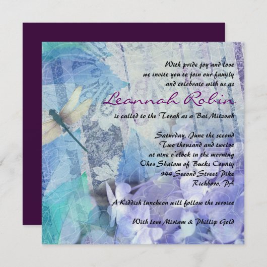 BLUE HYDRANGEA & DRAGONFLY Bat Mitzvah Uitnodiging (Voorkant / Achterkant)