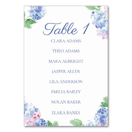 Blue Hydrangea Elegant Numeric Seating Chart Card Kaart (Voorkant)