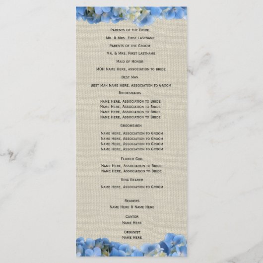 Blue Hydrangea en Burlap huwelijksprogramma Programma (Achterkant)