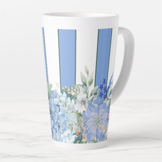 Blue Hydrangea en Floral Striped Latte Mok (Rechterhoek)