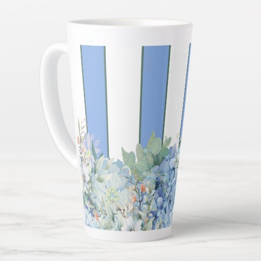 Blue Hydrangea en Floral Striped Latte Mok (Linkerhoek)