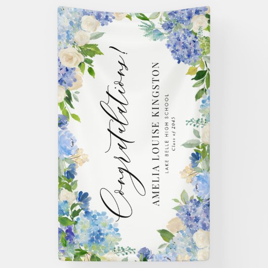 Blue Hydrangea en Ivoor Roos Graduation Party Spandoek (Verticaal)