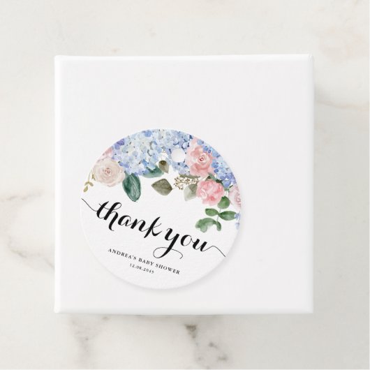 Blue Hydrangea en Pink Rose Baby shower Bedankt Bedankjes Labels (In situ)