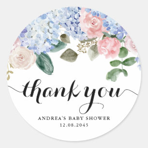 Blue Hydrangea en Pink Rose Baby shower Bedankt Ronde Sticker