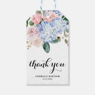 Blue Hydrangea en roze Roses Baptisme Hartelijk da Cadeaulabel