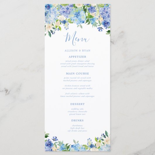Blue Hydrangea Été Floral Menus Mariage (Devant)