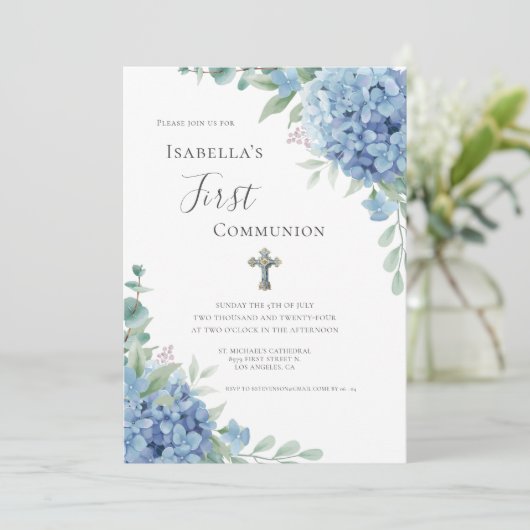 Blue Hydrangea First Communion Religious Kaart (Staand voorkant)