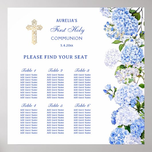 Blue Hydrangea First Communion Seating Chart Poster (Voorkant)
