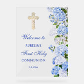 Blue Hydrangea First Communion Welcome Acryl Bord (Voorkant)