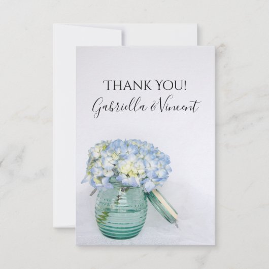 Blue Hydrangea Fleurs Vase Mariage Merci Note (Devant)