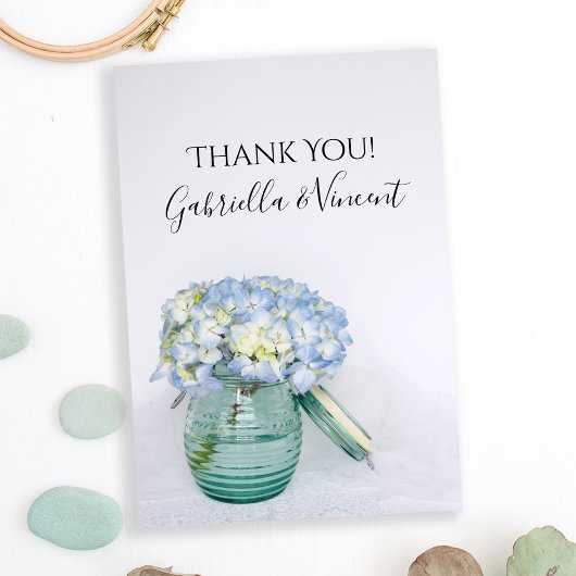 Blue Hydrangea Fleurs Vase Mariage Merci Note