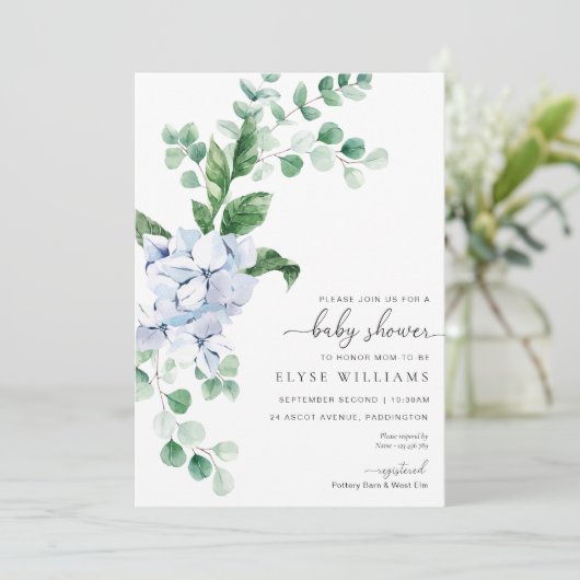 Blue Hydrangea Floral Baby shower Invitation (Debout devant)