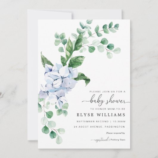 Blue Hydrangea Floral Baby shower Invitation (Devant)