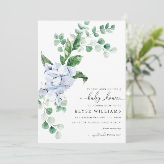 Blue Hydrangea Floral Baby shower Invitation (Debout devant)