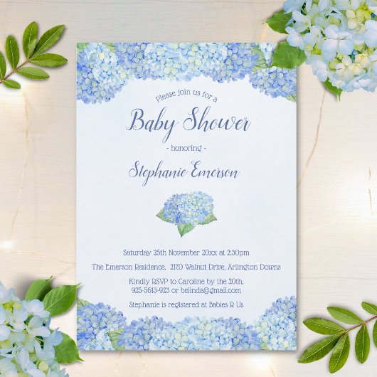Blue Hydrangea Floral Baby Shower Invitations
