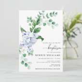 Blue Hydrangea Floral Baptism Invitation Kaart (Staand voorkant)