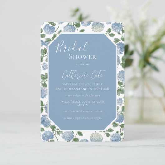 Blue Hydrangea Floral Bridal Shower Invitation (Debout devant)