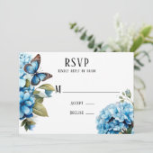 Blue Hydrangea Floral Butterfly Wedding Cartes RSV (Debout devant)