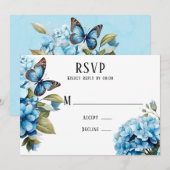 Blue Hydrangea Floral Butterfly Wedding Cartes RSV (Devant / Derrière)