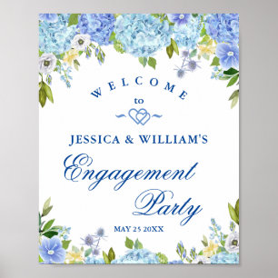 Blue Hydrangea Floral Engagement Party Sign Poster