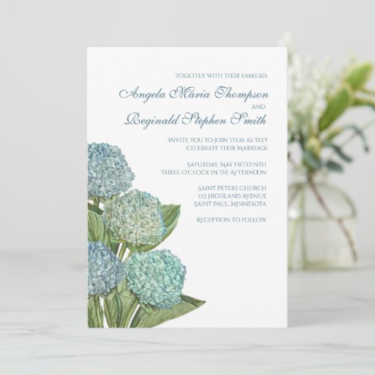 Blue Hydrangea Floral Faire-part de mariage (Debout devant)