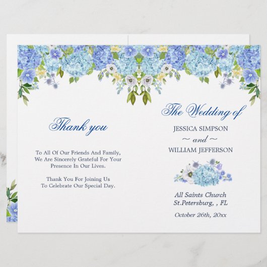 Blue Hydrangea Floral Greenery Folded Wedding (Voorkant / Achterkant)