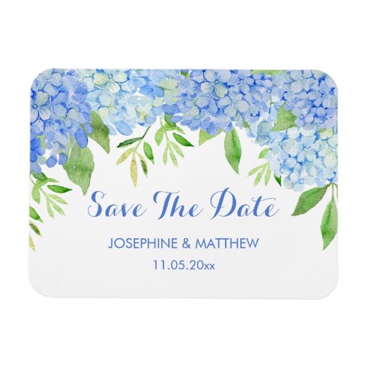 Blue Hydrangea Floral Greenery Save the Date Magneet (Horizontaal)