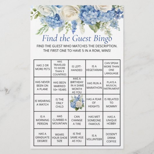 Blue Hydrangea Floral Guest Bingo Baby shower Game Flyer (Voorkant)
