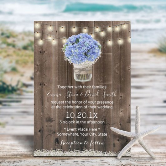 Blue Hydrangea Floral Jar Rustic Barn Wood Wedding Kaart
