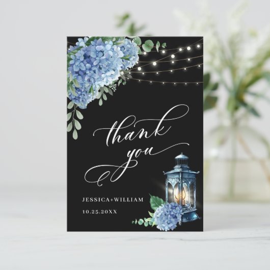 Blue Hydrangea Floral Lantern Black Boho Wedding Bedankkaart (Staand voorkant)