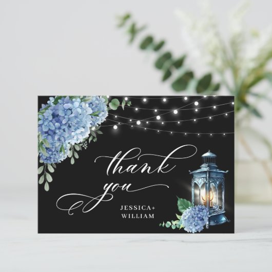 Blue Hydrangea Floral Lantern Black Boho Wedding Bedankkaart (Staand voorkant)