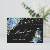 Blue Hydrangea Floral Lantern Black Boho Wedding Bedankkaart (Staand voorkant)