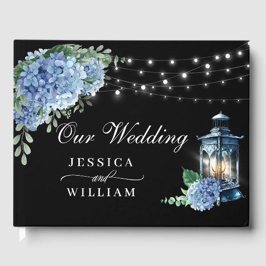Blue Hydrangea Floral Lantern Black Boho Wedding Gastenboek (Voorkant)