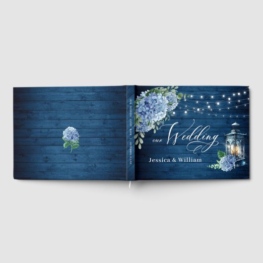 Blue Hydrangea Floral Lantern Navy Wood Wedding Gastenboek (Volledig)