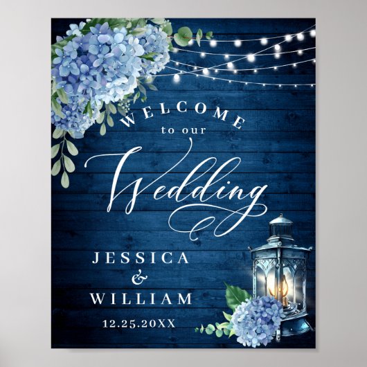 Blue Hydrangea Floral Lantern Wood Welkom Weduwsch Poster (Voorkant)