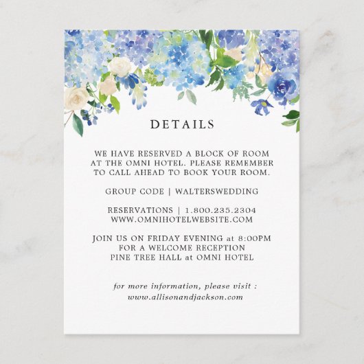 Blue Hydrangea Floral Mariage Détails Cartes (Devant)