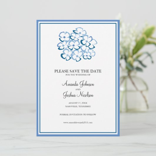 Blue Hydrangea Floral Save the Date (Staand voorkant)