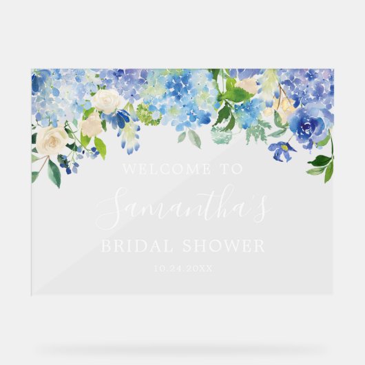 Blue Hydrangea Floral Vrijgezellenfeest Welkom Acryl Bord (Voorkant)