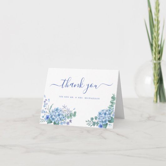Blue Hydrangea Floral Wedding Bedankt Kaart (Voorkant)